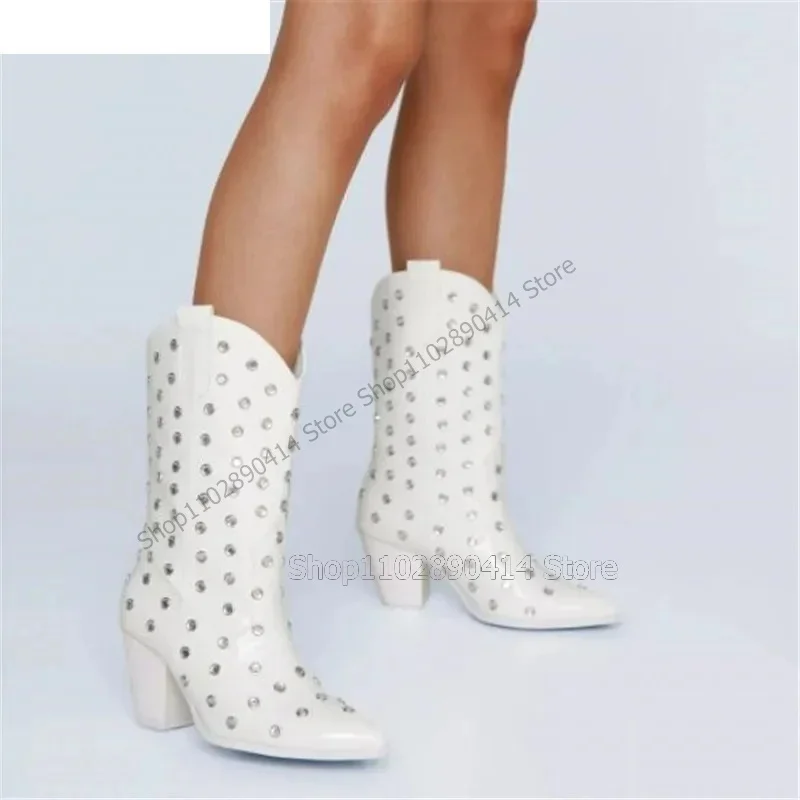 

Rivets Decor White Sewing Design Pointed Toe Boots Slip On Women Shoes Strange Style Heels Novel Runway 2025 Zapatos Para Mujere