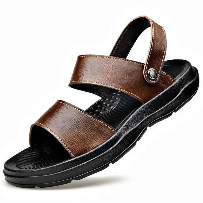 

Men's Summer New Leather Big Size Flat Sole Sandals Soft Sole Non Slip Breathable High Quality Dual Purpose Beach Sandal Slipper
