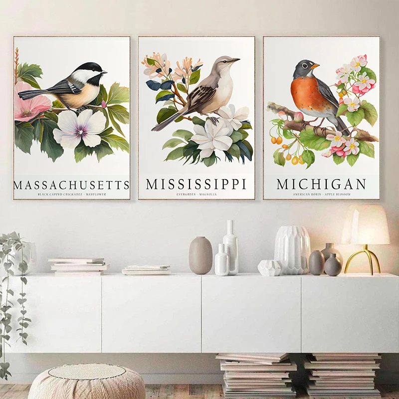 Arizona Arkansas Hawaii Alabama State Bird Flower Poster Print Wall Art Pictures Canvas Painting Living Room Bedroom Home Decor