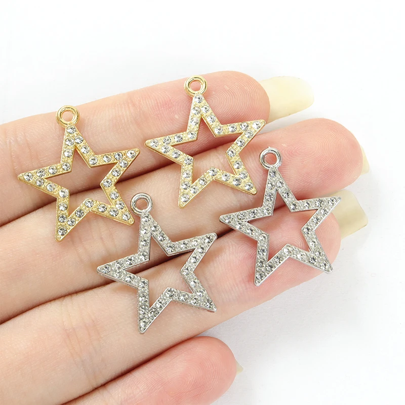 10pcs Sparkling Star Crystals Rhinestones Metal Charms 21*23mm Pentagram Gold Silver Color Alloy Pendants for DIY Jewelry Making