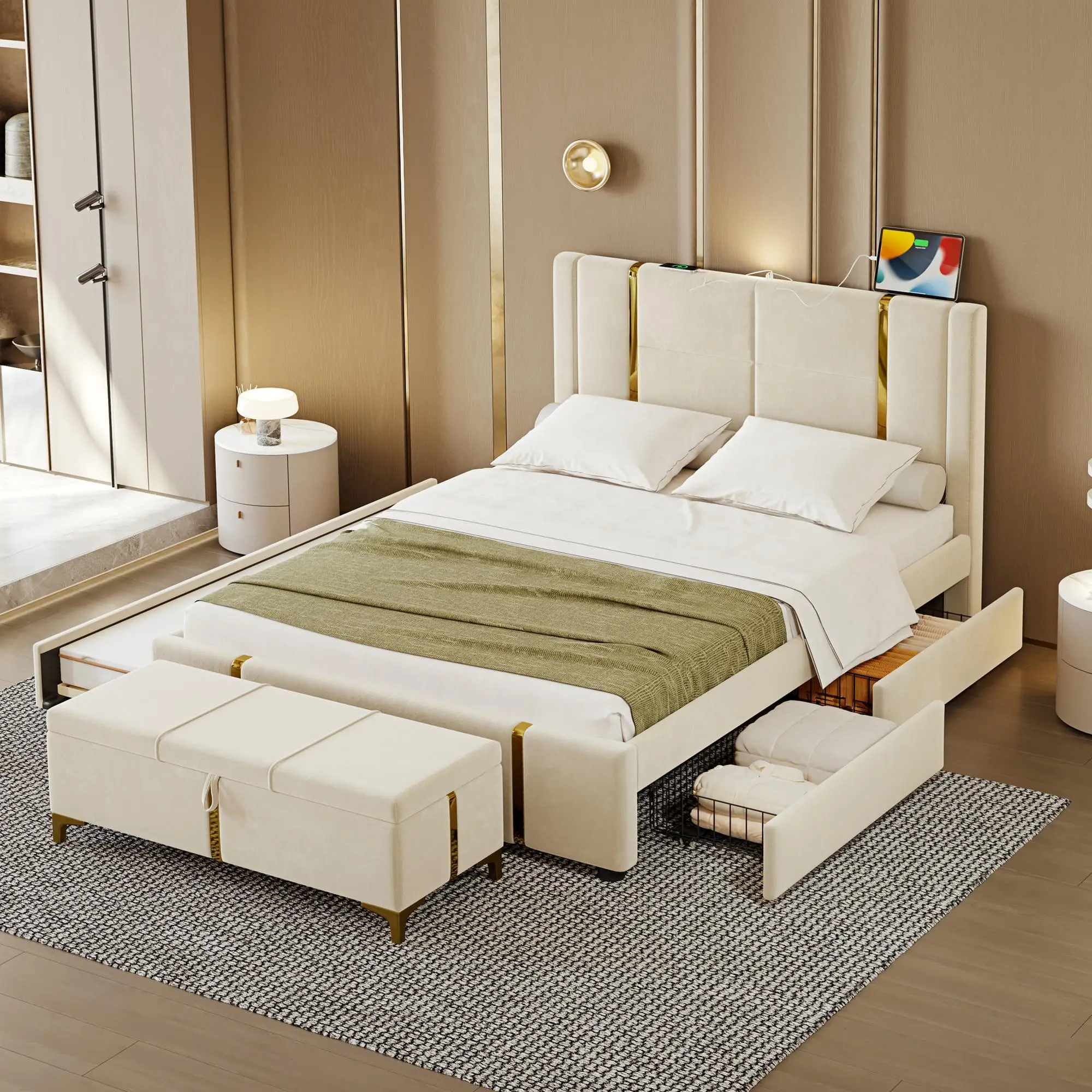 طقم غرف نوم مكون من قطعتين سرير بمنصة منجدة بحجم كوين مع سرير دولاب ودرجين خفيف وتخزين شحن USB وأرجل معدنية