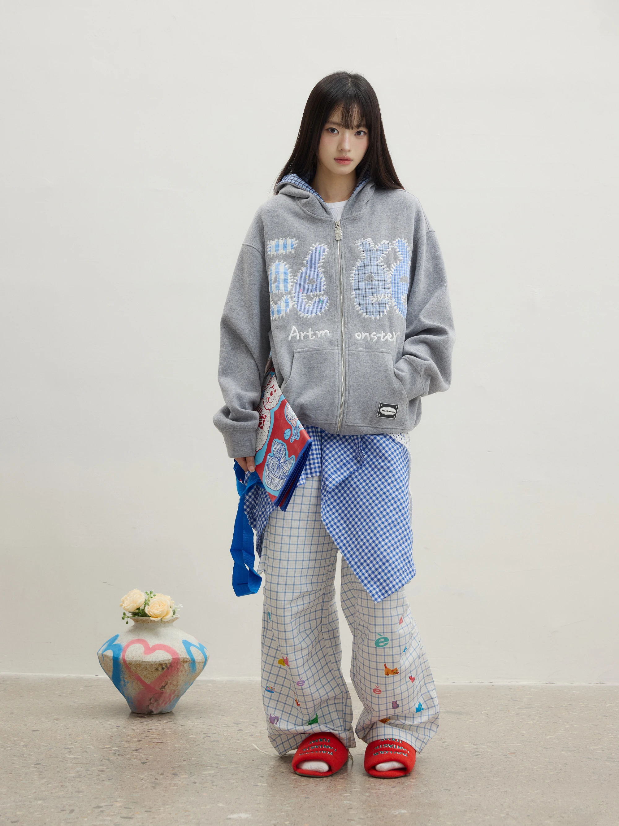 Ee Art Monster American Style Patchwork Embroidery Hoodie Cardigan Coat Design Checkered Patch Youth Popular Cotton Polyester...
