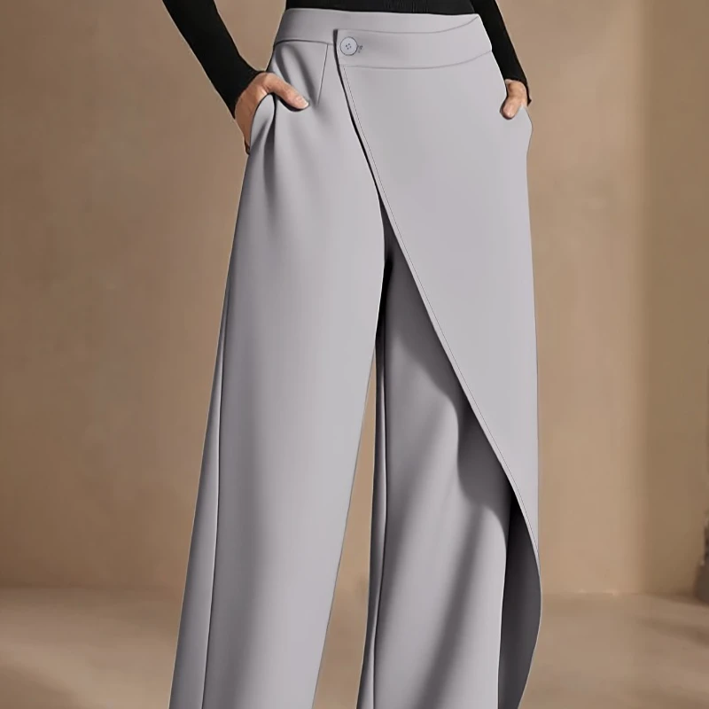 Neue Hochgeschnittene Damenhose für Herbst Büro-Mode Gerade Geschnittene Anzughose Lässige Knopfleiste Weite Asymmetrische Damenhose – Detail 8