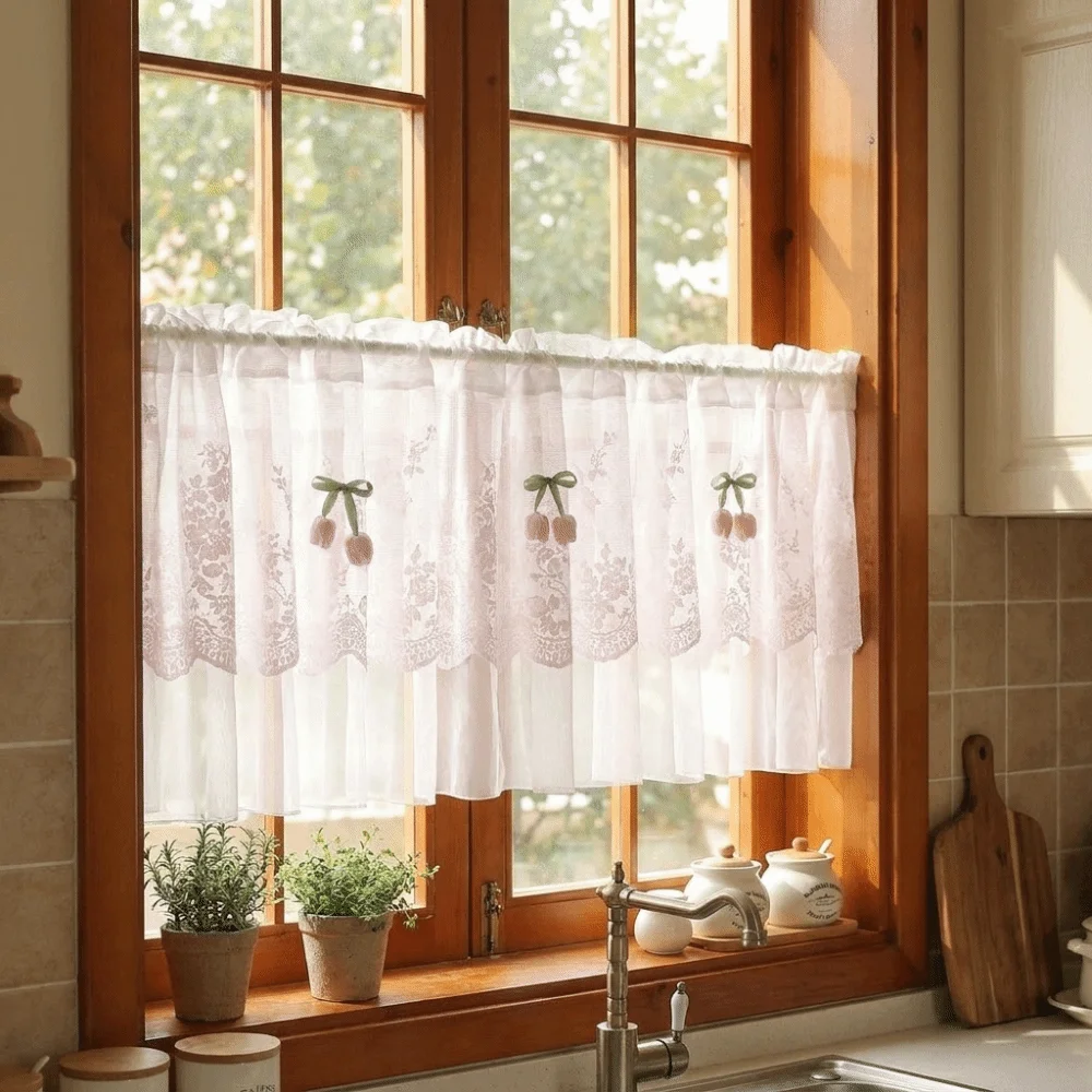 Pastoral Style Floral Lace Curtains Lace Trim Dust-Proof Cafe Curtains Light Blocking Sheer Voile Window Drapes Indoor Use