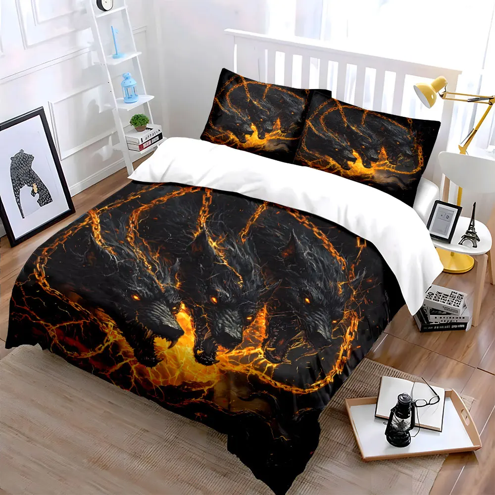 Three-headed black wolves with fiery chains Pattern Duvet Cover Set Digital Print Colorful Polyester Bedding with Zipper Closur
