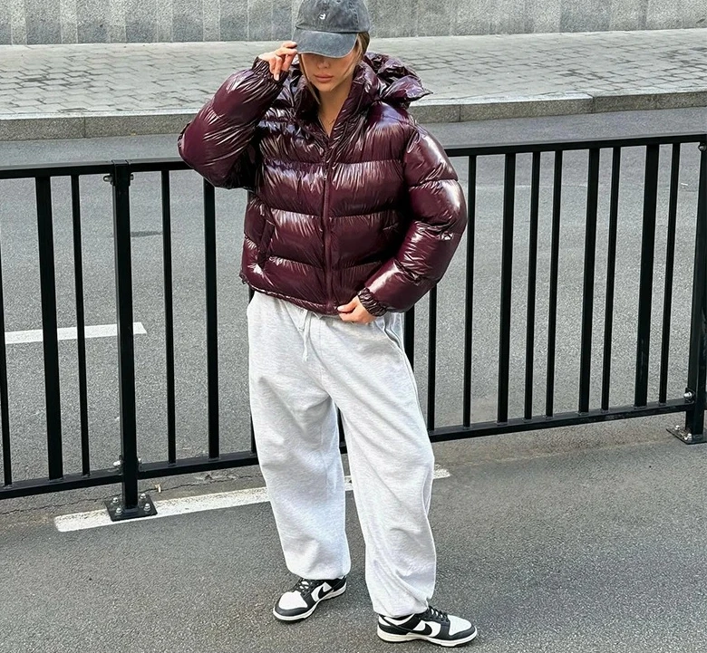 Capispalla caldo casual da donna invernale NewChic giacca trapuntata con cappuccio lucida da donna colletto alla coreana manica lunga cerniera cappotto imbottito solido