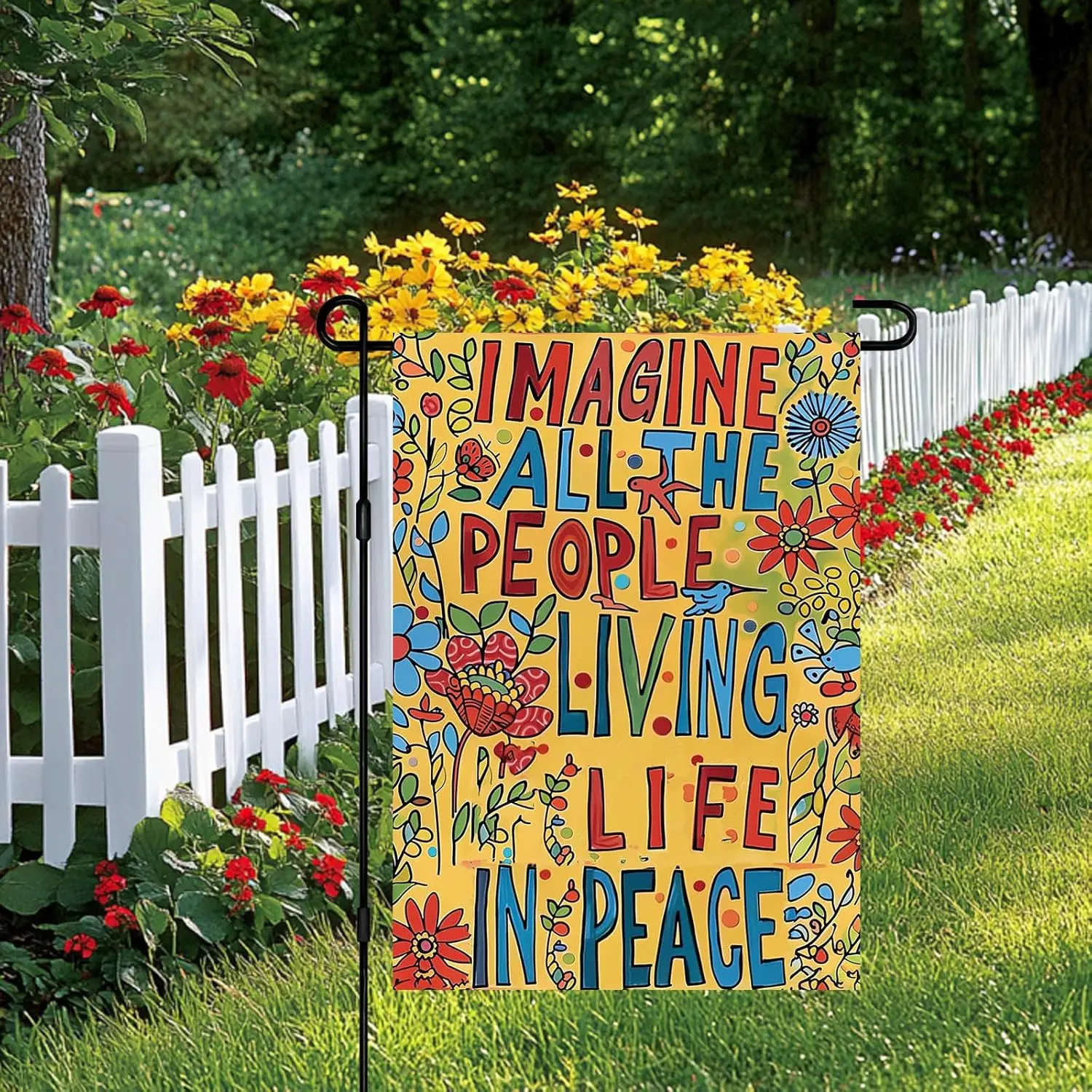 Welcome Garden Flag 12x18 Inch Imagine All The People Living Life In Peace Colorful Floral Artistic Double Sided Yard Banner PPM