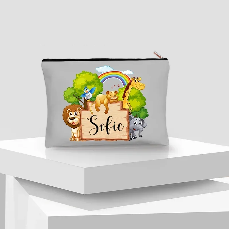 Kawaii Animal Custom Name Cosmetic Bag Children Pencil Case Elephant Giraffe Lion Cartoon Makeup Box Travel Toilet Storage Pouch