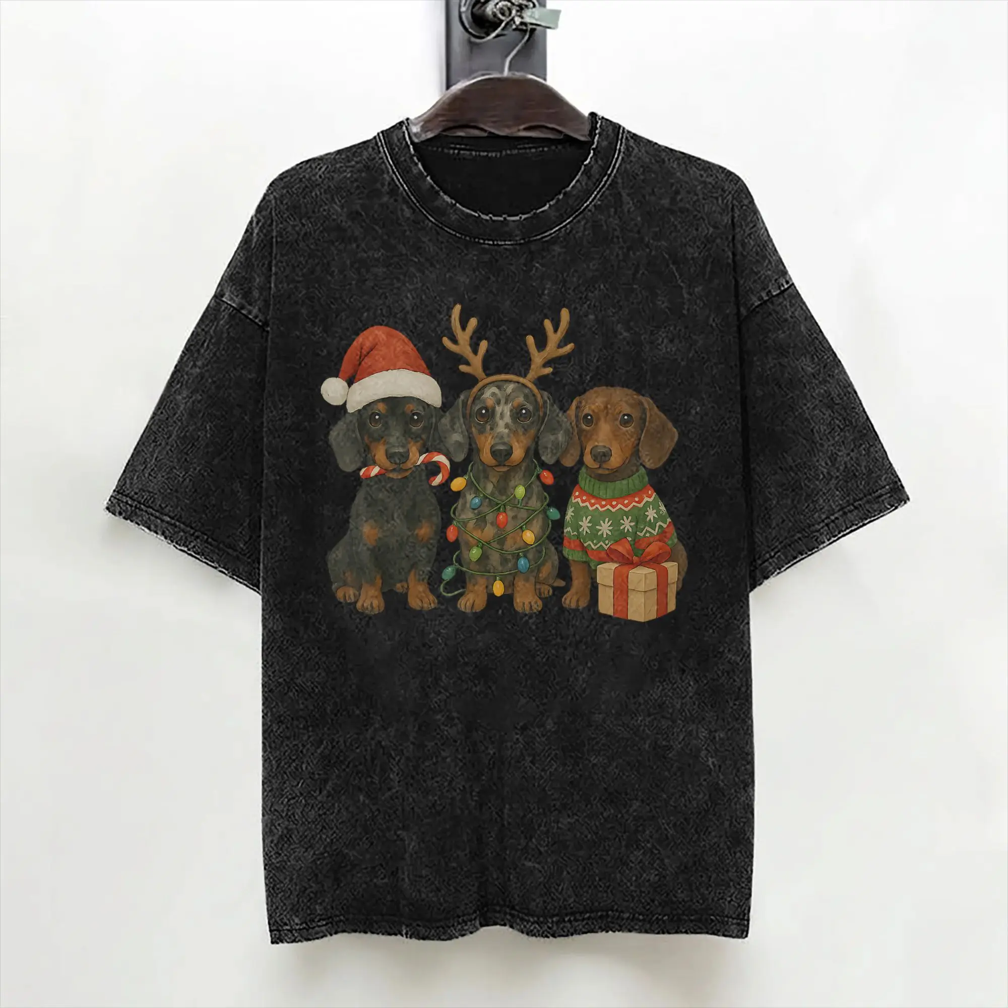 Dachshund Christmas Wiener Dog Santa Hat T Shirt Washed Cotton Oversize T-Shirt  Novelty Men Women Streetwear Printed Tee Shirt