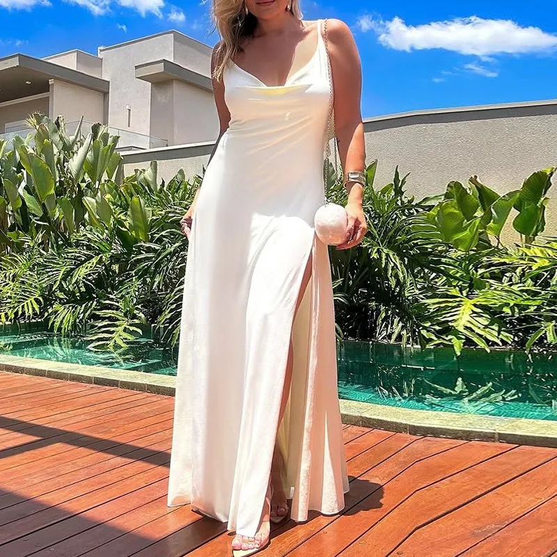 

Женское элегантное длинное платье без рукавов с завышенной талией, модное, с разрезом, драпировкой, однотонное, для вечеринок, сексуальное, с вырезом-качели, на тонких бретелях, облегающее