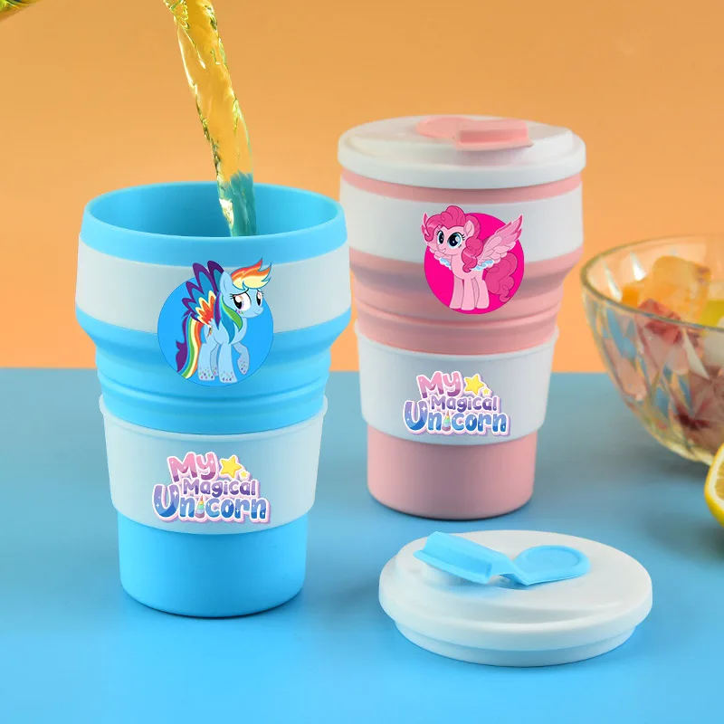 Пищевая силиконовая складная чашка My Little Ponys с крышкой, портативные чашки для воды в стиле аниме, уличная бутылка для воды для путешествий, кемпинга, Kawaii