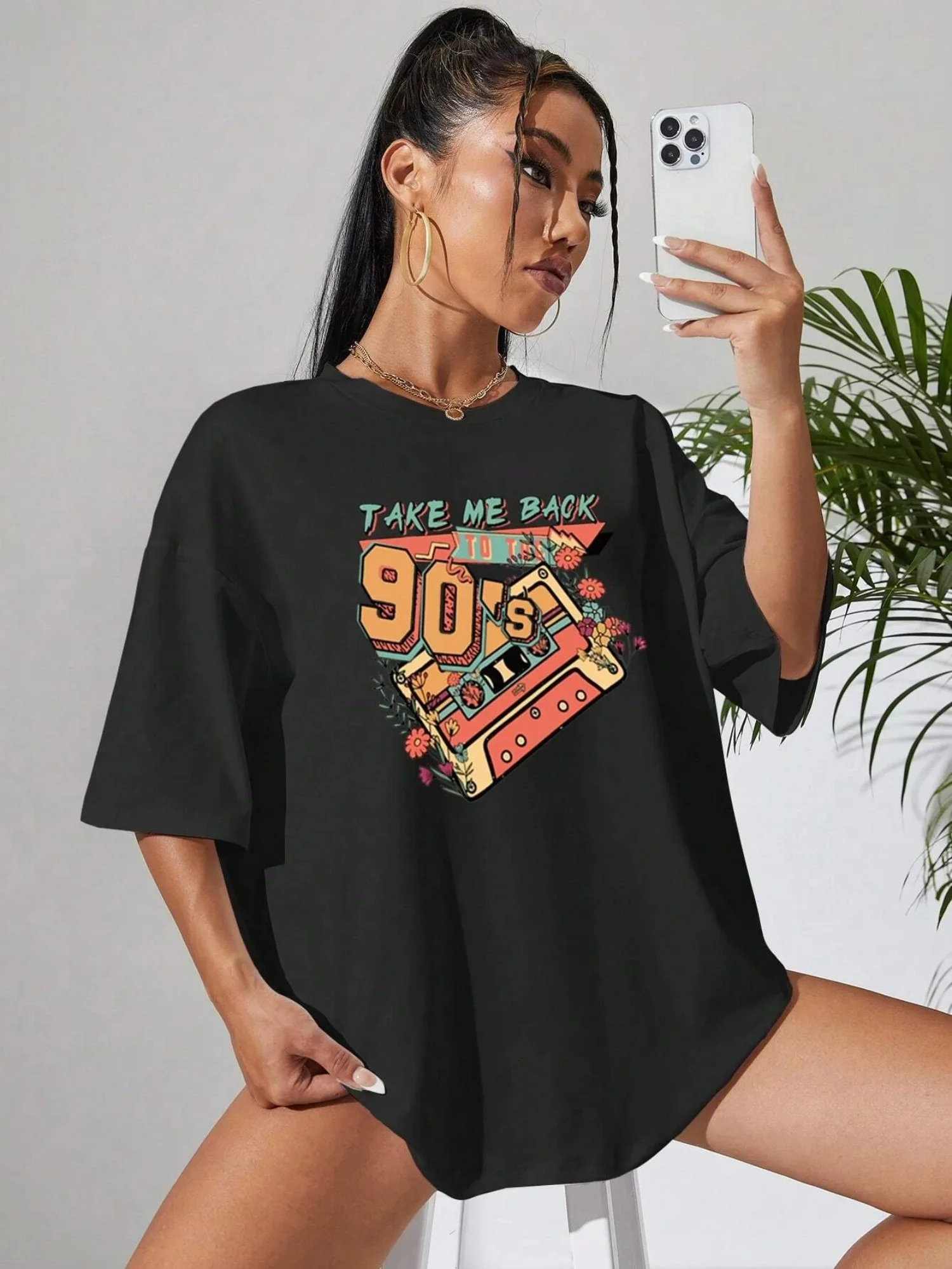 Kaos Wanita Motif Tahun 90-an, Dapat Dicuci dengan Mesin, Kaos Vintage, Streetwear Fashion, Atasan Lembut, Desain Klasik