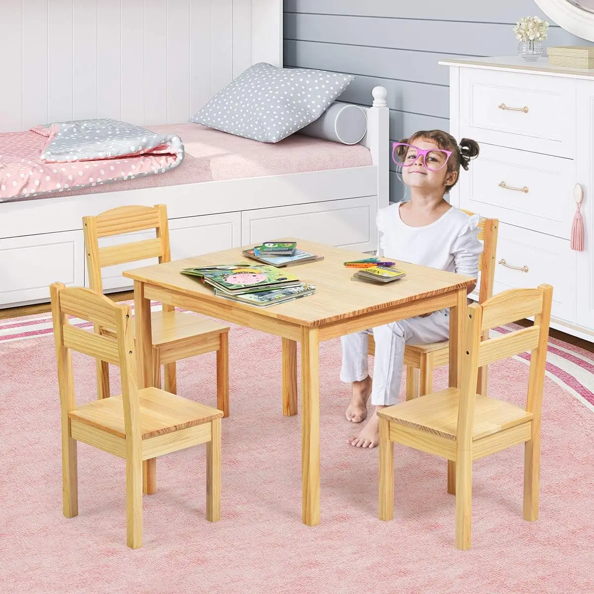 Comfort Corner Kids Table and Chair Set,5 Piece Wood Activity Table & Chairs for Children Arts