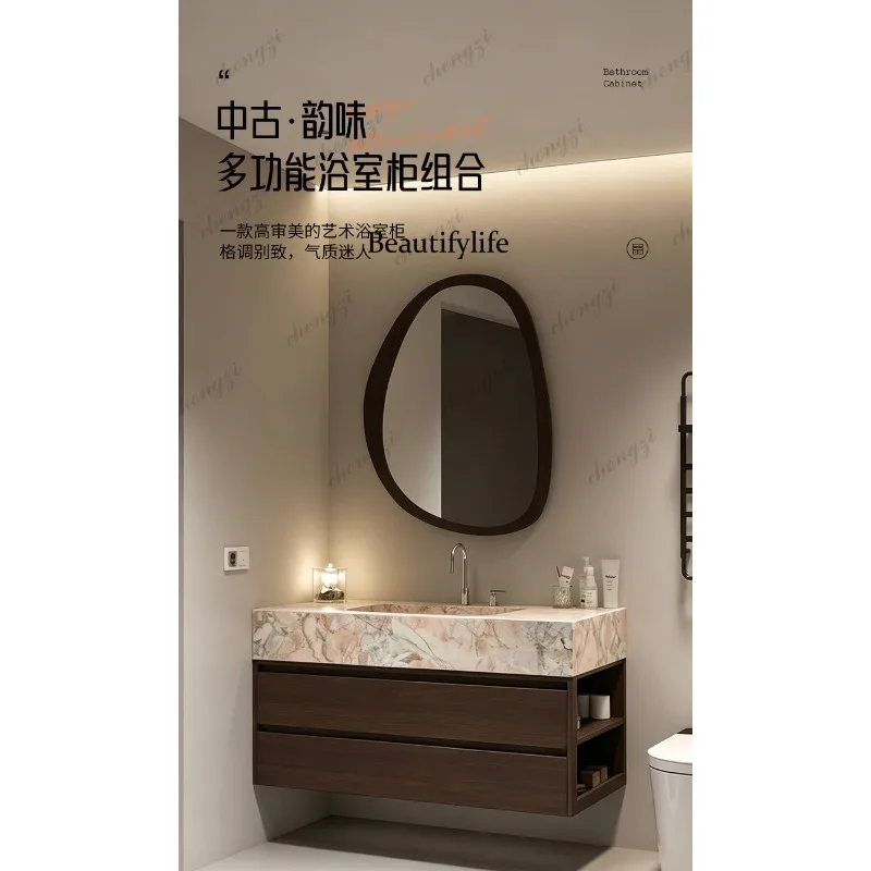 Medieval style bathroom cabinet rock slab integrated basin side open grid washbasin cabinet