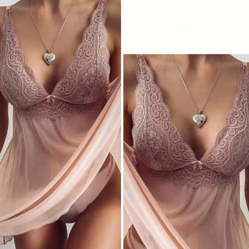 Sexy Nightdress Lace Transparent Lingerie For Women Deep V Sleepwear Sleeveless Babydoll Female Underwear Nightgowns Sleepdress