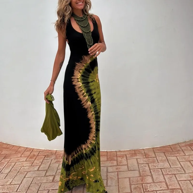 Gonna lunga da pavimento cava sexy da donna di nuovo stile estivo 2025 Cintura posteriore senza maniche stampata alla moda ​ ​ abito da festa chic