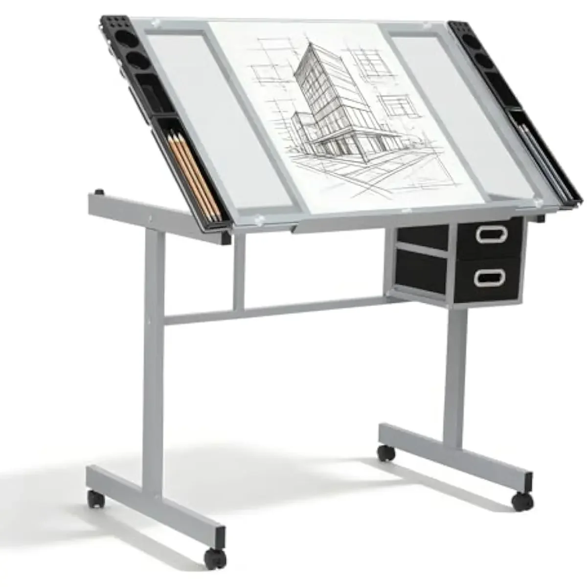 Adjustable Tilting Drafting Desk with 0°–65° Tempered Glass Top, Alloy Steel Frame, Powder-Coated Finish, 360° Casters + Locking