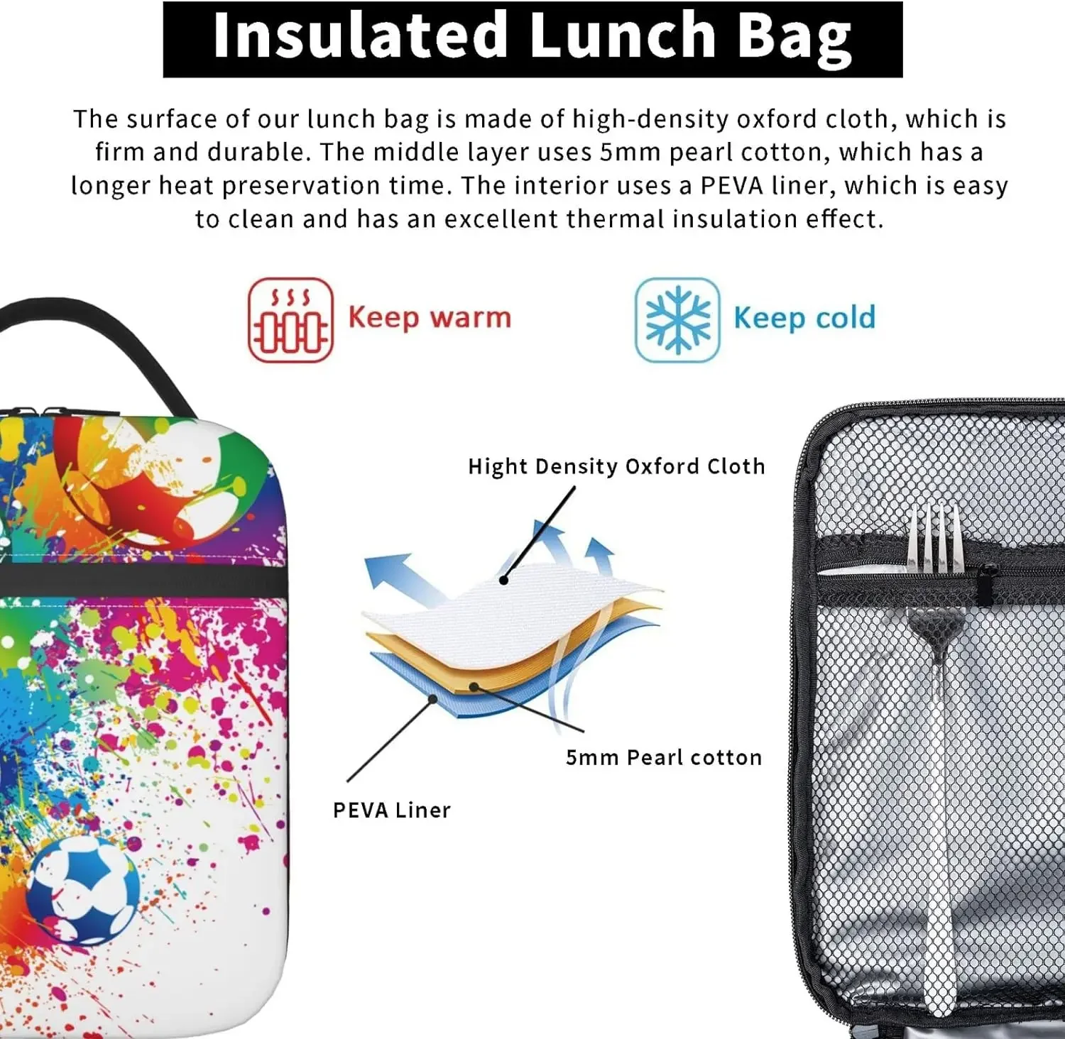 Colorful Soccer Ball Lunch Bag For Boys Girls Kids Football Reusable Lunch Box Insulated Meal Bags Portable Lunch Tote For S