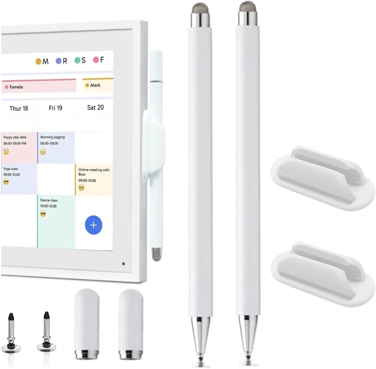 

2Pcs Stylus Pen with Holder for 15/27 Inch Smart Calendar, 2-in-1 Dual Tip Touch Screen Pen, White