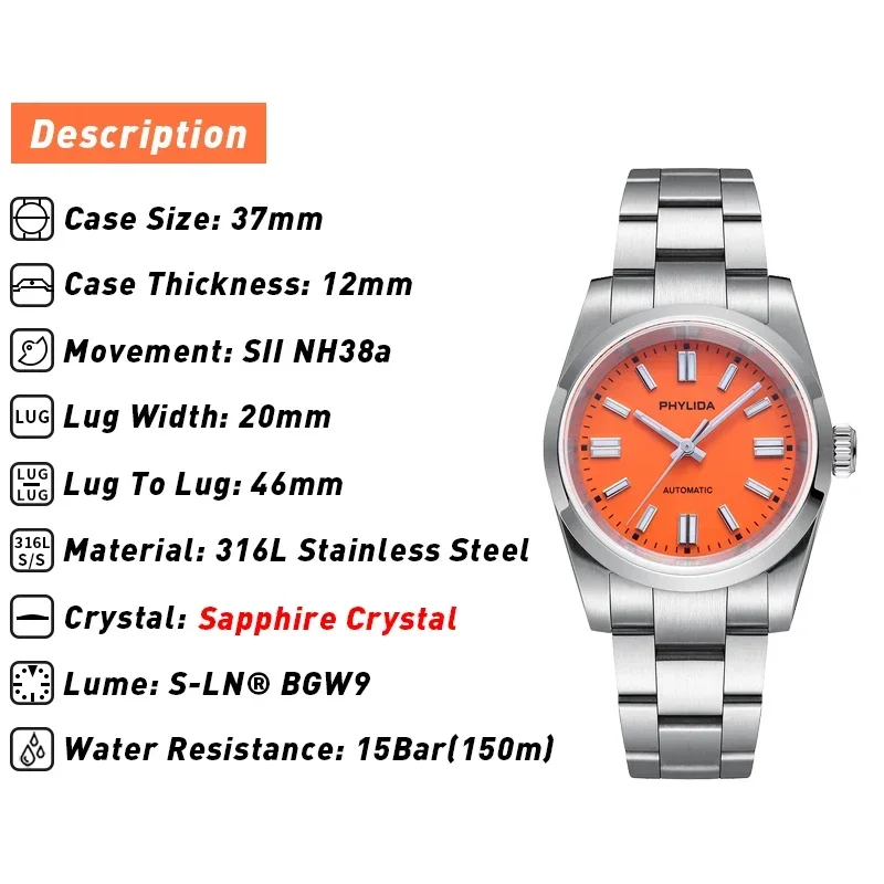 PHYLIDA 37mm Relógio de pulso automático masculino NH38A com design de três mãos relógio perpétuo com mostrador laranja sem data