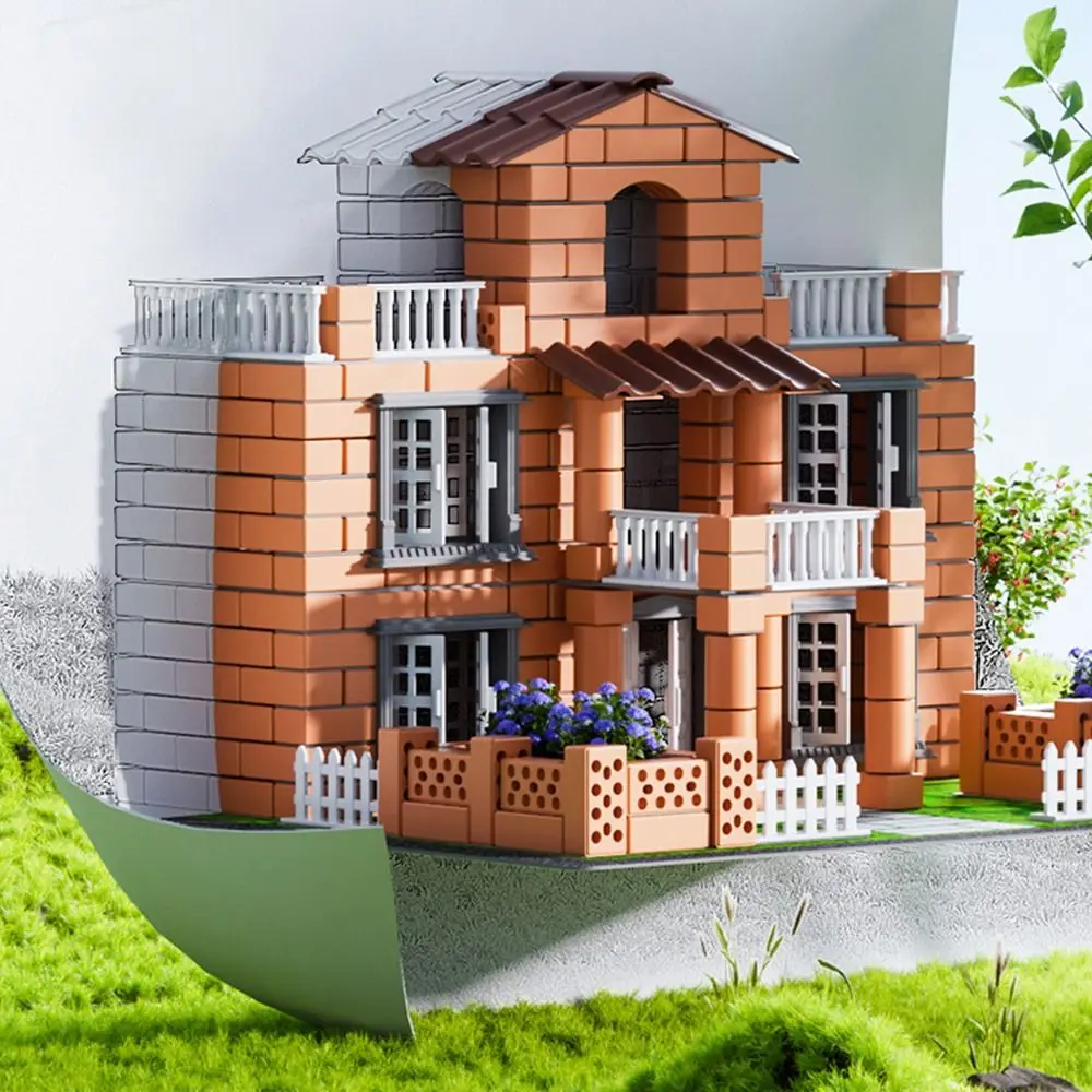 Mehrfarbiges DIY-Baustein-Set aus Kunststoff, Miniaturgröße, Simulation von Ziegelhäusern, Villa-Modell, Cottage-Stil
