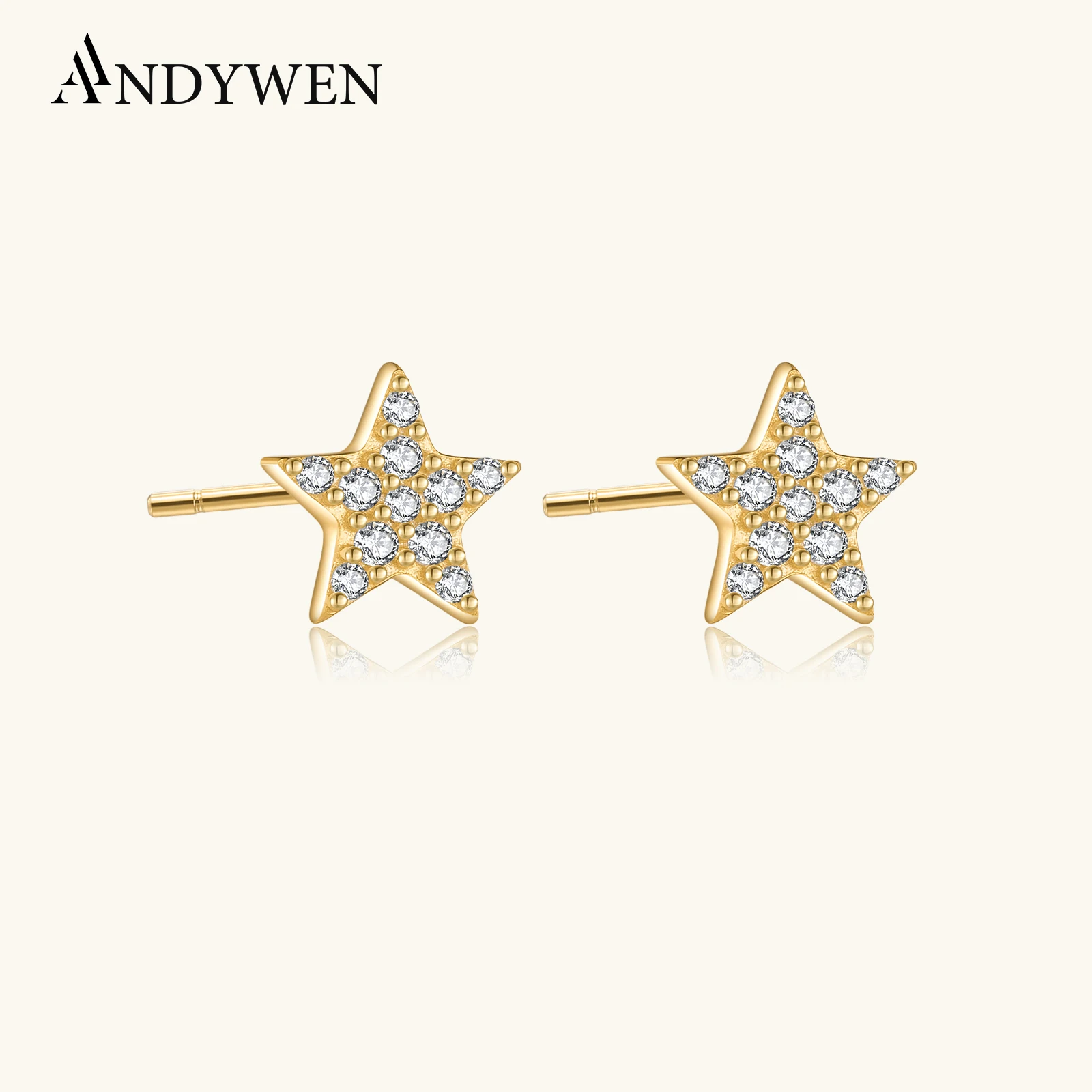 ANDYWEN 925 Sterling Silver Tiny Zircon CZ Star Moon Stud Earring Piercing Mini Luxury Crystal Fine Jewelry Wedding Accessories