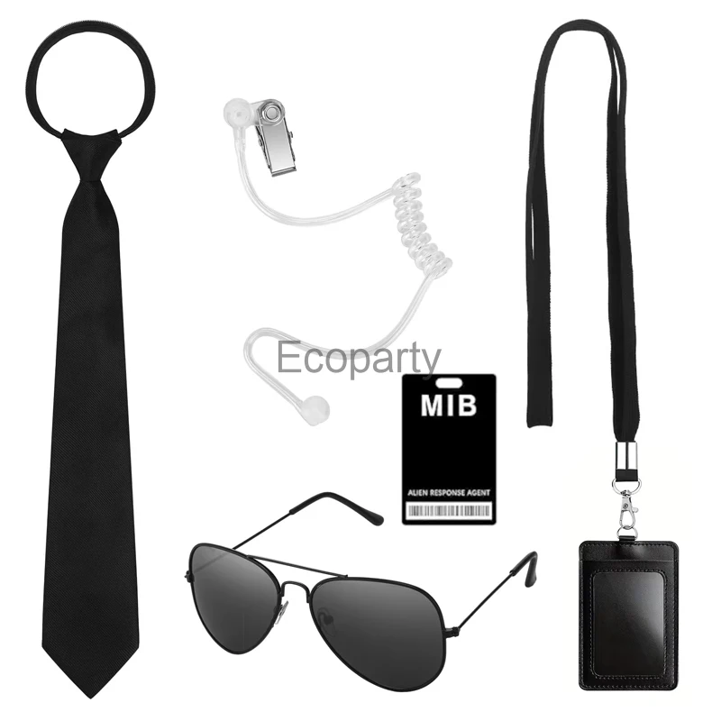 5pcs Adult Security Costume Accessory Spy Cosplay Black Sunglasses Tie Headset Employee Card Suit for Halloween Party Dress Up