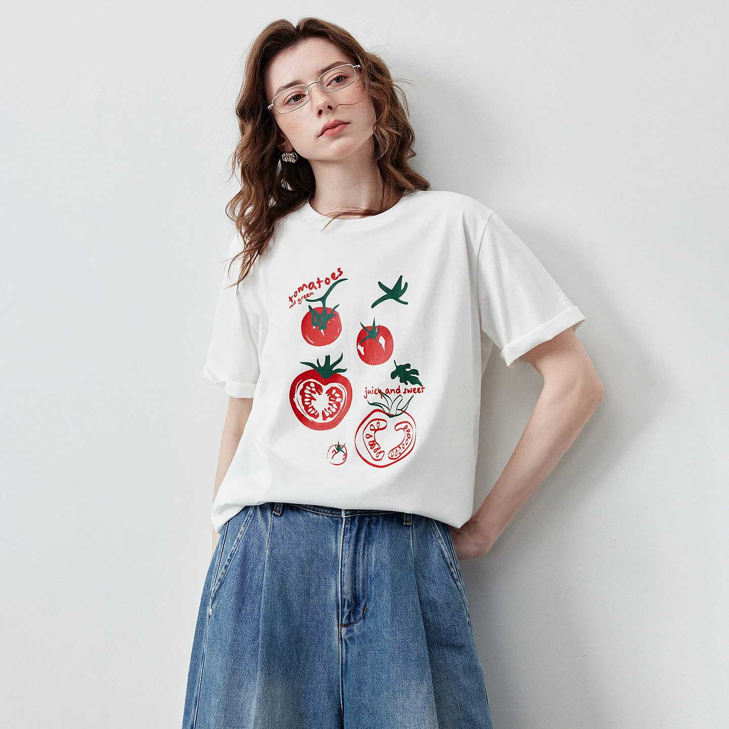 TOYOUTH Women 5A Antibacterial Cotton T-Shirt 2026 Summer New Crew Neck Slightly Loose Tomato Print Pullover Tops