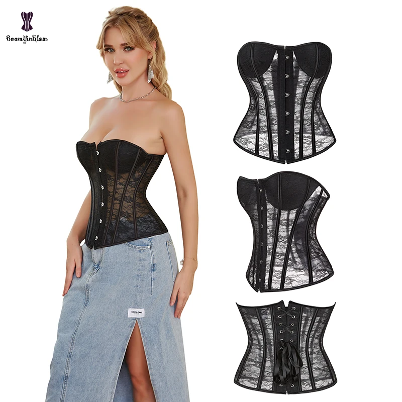 

Front 6 Busk Sexy Transparent Women's Sheer Mesh Lace Sleeveless Strapless Bustier Tube Corset Top With T-Back Thong Body Shaper