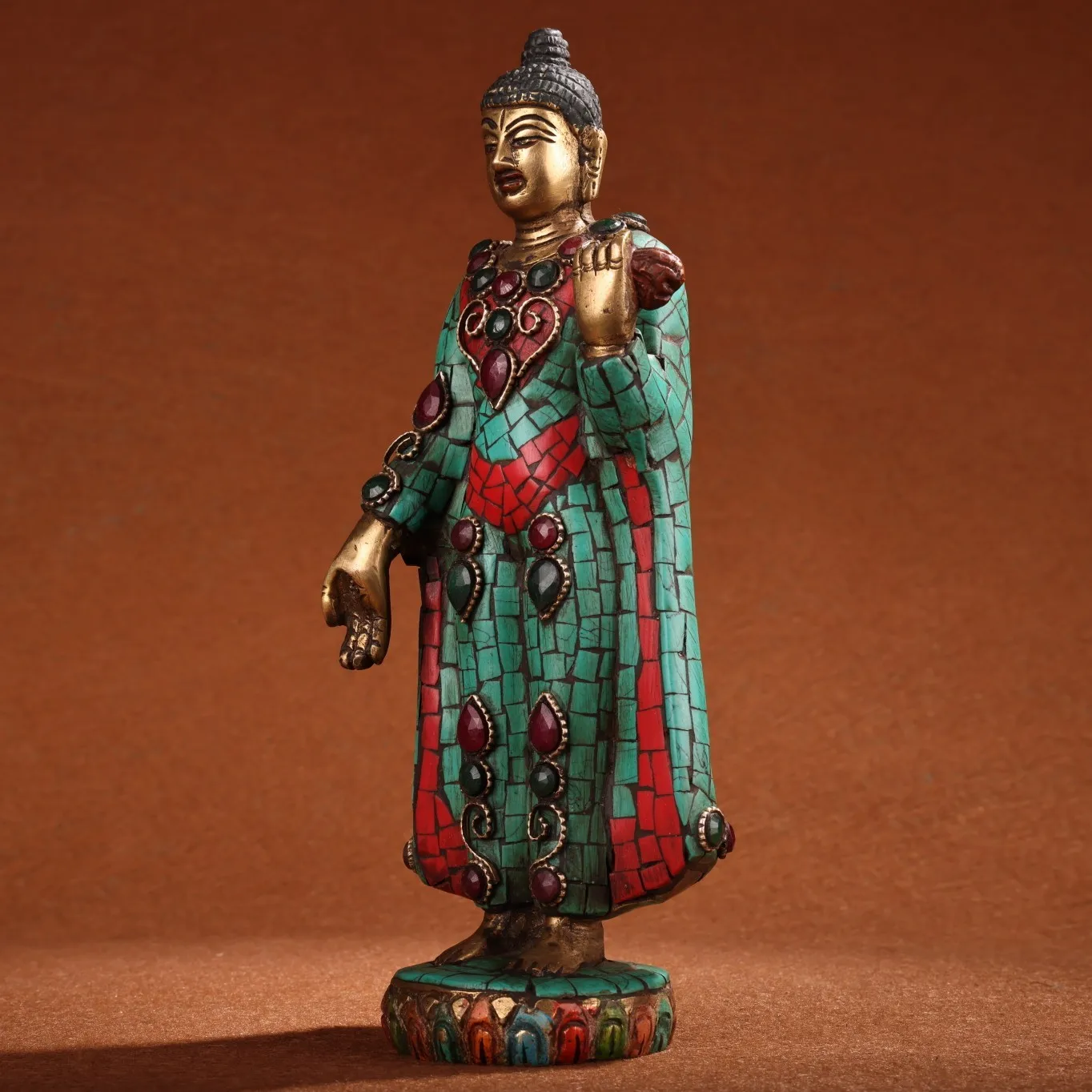 Bronze Outline in gold Painted Mosaic Gem Turquoise Parinirvana cloak Buddha