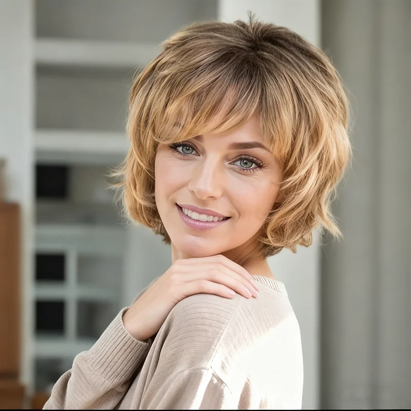 Gradient Gold Ladies Short Bob Wig 8-inch Golden Brown Short Hair Fashionable Synthetic Fiber Wig for Women
