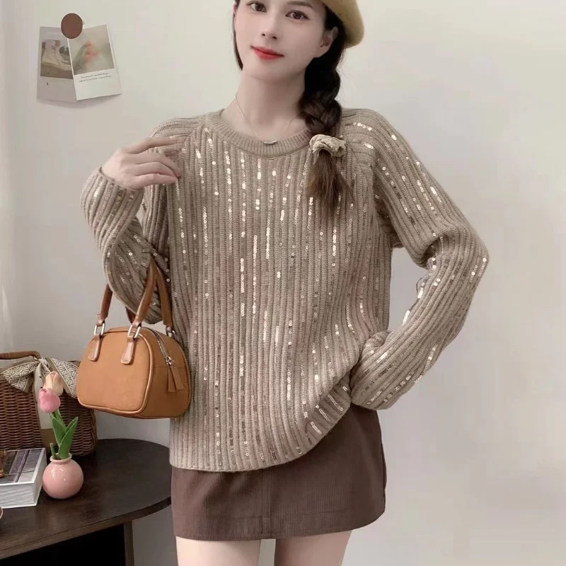 

Sequin Round Neck Lazy Style Women's Fashionable Loose Pullover Sweater Top