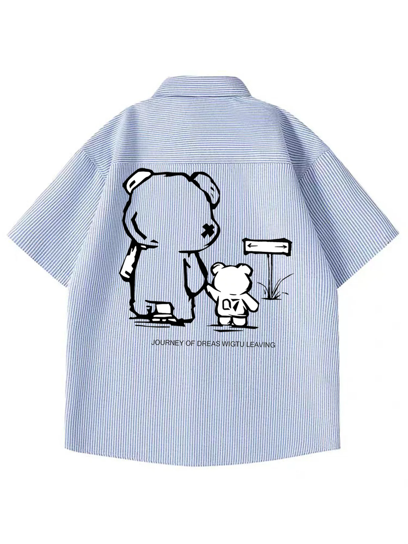 

Summer Trendy Men's Casual Cartoon Bear Back Print Short-Sleeve Striped Shirt with Turn-Down Collar for Layered Wear