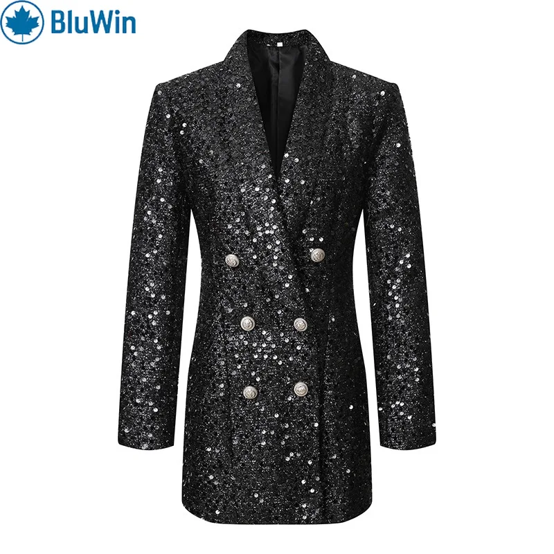 

URBANCHIC Sequin Blazer Women Double Breasted Longline Sparkle Party Night Out Elegant Black