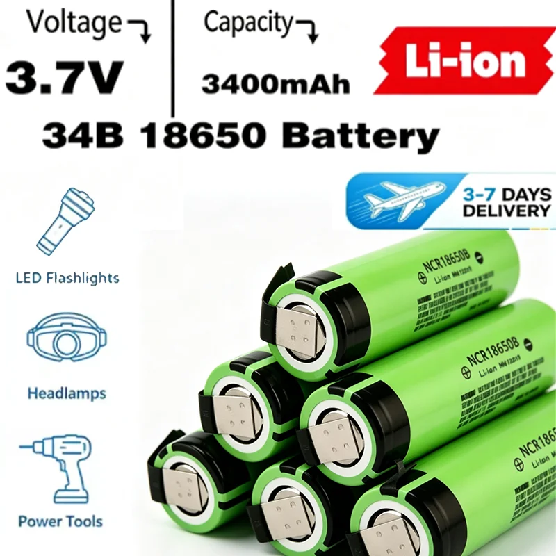 NCR18650B Li-Ionen-Akku 3,7V 34B 3400mAh Wiederaufladbarer Lithium-Akku für 18650-Akku + DIY-Nickelstück, Haushaltsgeräte, Taschenlampen usw. Ersatzakku, Ersatzbatterie