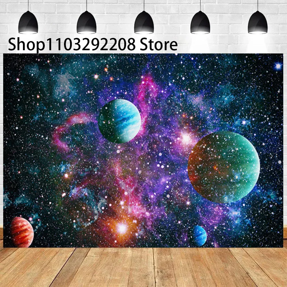 Outer Space Theme Universe Cosmic Galaxy Nebula Starry Sky Planet Backdrop Baby Shower Kids Portrait Photography Decor Supplies