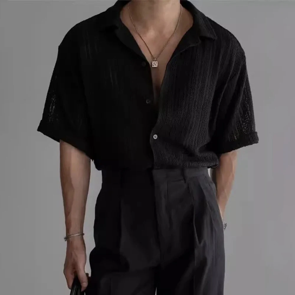 

Men's Solid Color Hollow Short-Sleeved Shirt American Retro Fashion Trend Simple Casual Loose Breathable Summer New Men's Tops