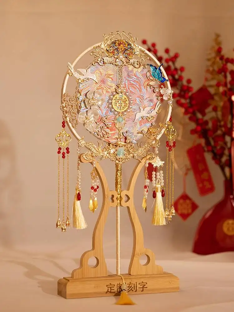 Chinese Style Bride Round Fan DIY Kit Gold Handmade Double-Sided Embroidery Wedding Fan Xiuhe Costume Marriage Fan view 2