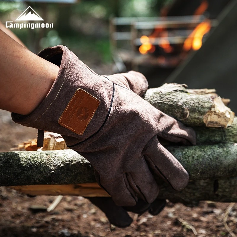 

CAMPINGMOON Огнестойкие и теплоизоляционные перчатки для кемпинга на открытом воздухе из воловьей кожи, двухслойные, со съемной конструкцией