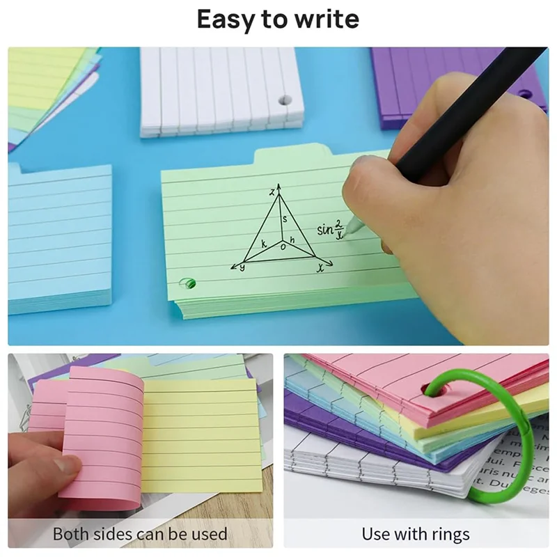 

600 Pack Index Cards, 3Inch X 5Inch Ruled Index Cards With Ring, Colored Lined Flash Cards, Both Sides Note Cards