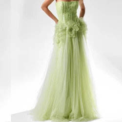 Customized Graceful Beading Pleats Flowers Strapless Evening Dress Temperament A-Line Organza Party Gown vestidos para