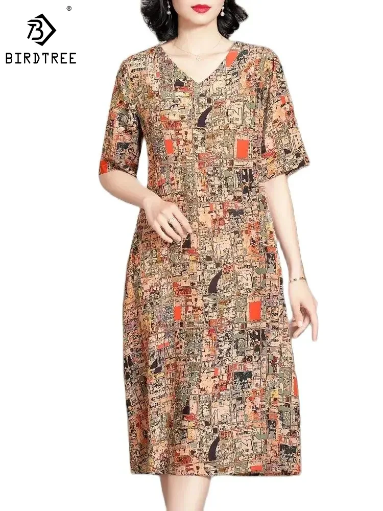 Vestido retrô solto para mulheres, 100% seda amoreira, estampa floral, manga curta, elegante, novo, primavera, verão, D42259QM, 2024