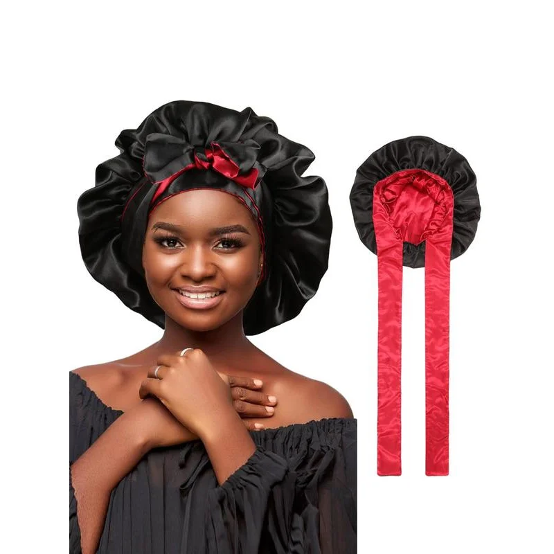 Pleated Design Lace Up Front Satin Hair Bonnet, Solid Minimalist Matching Wide Band Hair Bonnet, Trendy Sleeping Bonnet