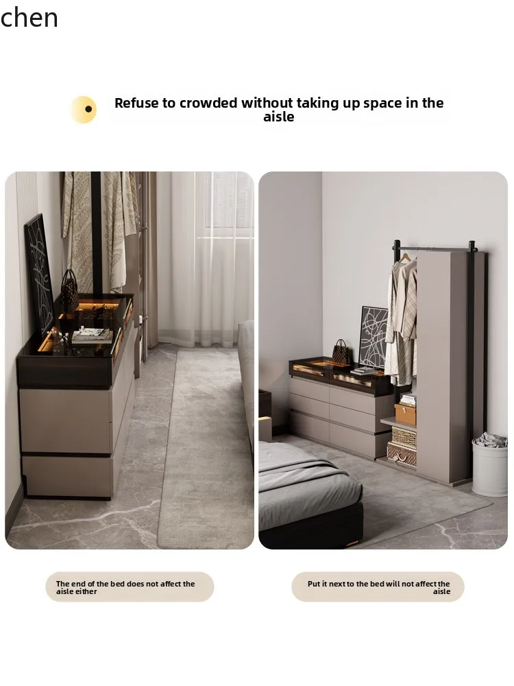 HT Dresser with Integrated Clothes Rack, Master Bedroom Wall-Mounted Bedside Storage Cabinet with Mirror
