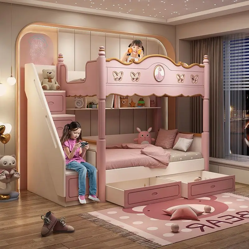 Cute Children's Wood Princess Bucking Two-Layer High Guardrail Slide Elevated Bed for Girls Living Room Modern Design