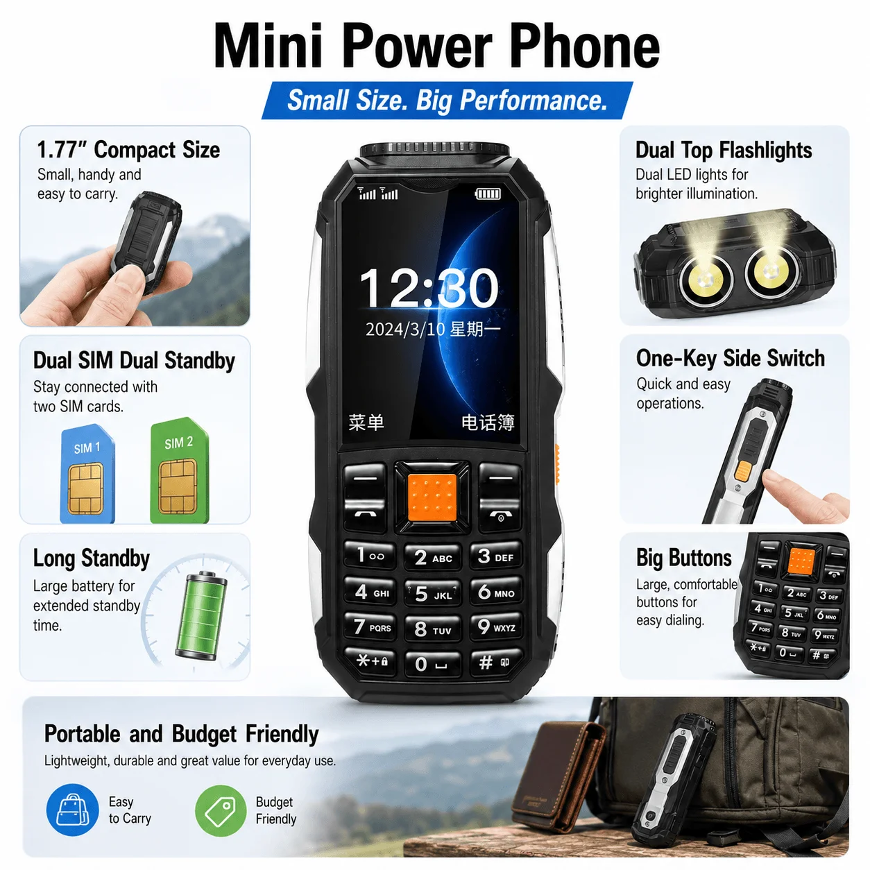 Mini Feature Phone Dual SIM Dual Standby Big Button Long Battery Dual Flashlight Portable Basic Mobile Phone Seniors Backup