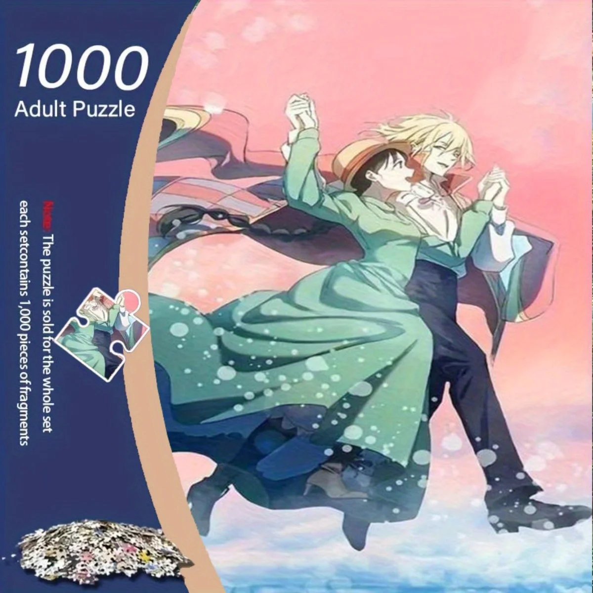 1000pcs Extra Large Anime Puzzle - Romantic Anime Characters (Golden Accent Hair, Green & Pink Pastel Colors) - Challenging La