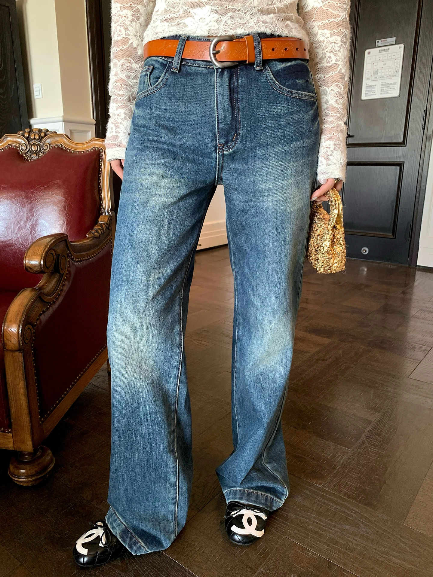 

High Waist Fce Lined Straight Leg Jeans Women's Denim Pants Tefamani Casual Cotton Blend Warm Winter Faion Design