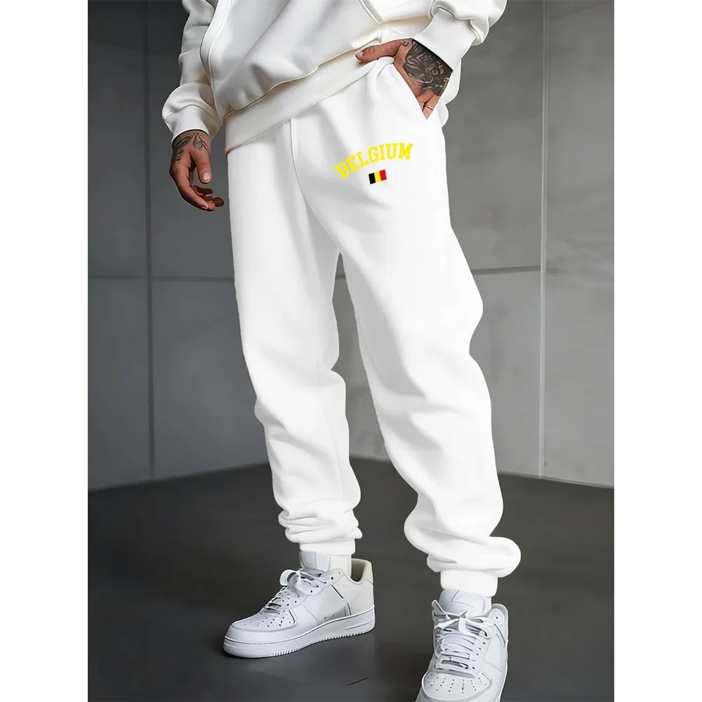 Бельгийский текст с принтом флага, спортивные штаны, мужские зимние брюки, флисовые теплые универсальные брюки для бега, базовая свободная мужская одежда
