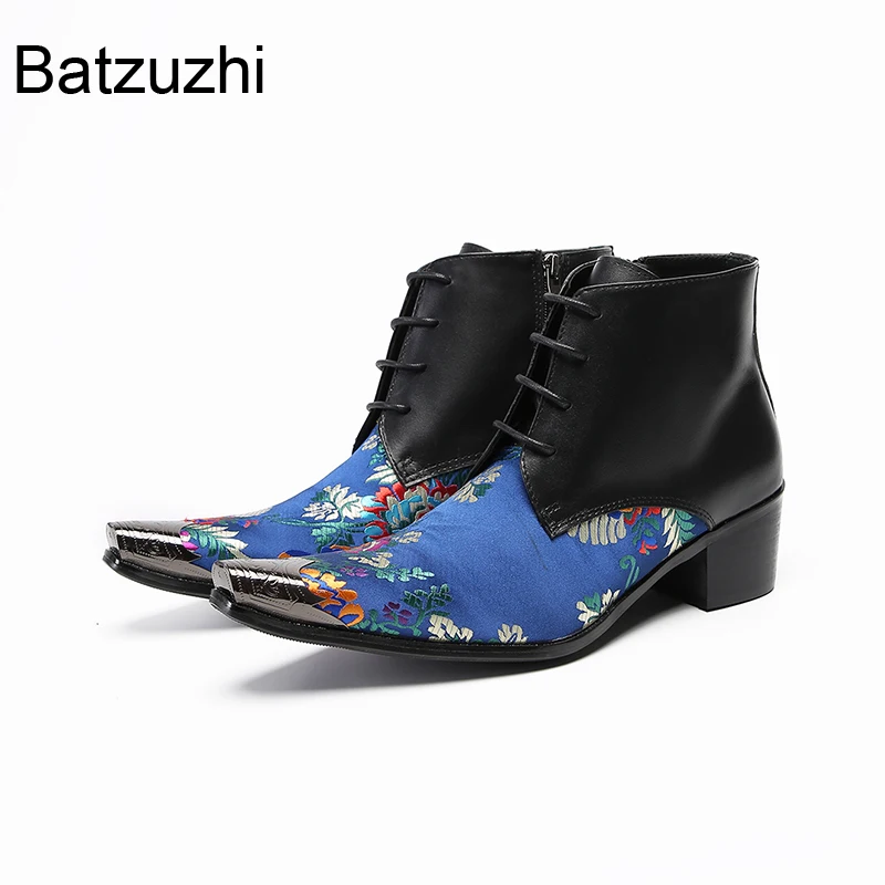 

Batzuzhi New Design Men's Boots Blue Black Leather Ankle Boots for Man 6.5cm High Heels with Metal Toe Party/Business Boots!